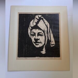 MCM 1964 JACOB PINS WOMAN PORTRAIT PENCIL SIGNED NUMBERED WOODCUT LITHOGRAPH